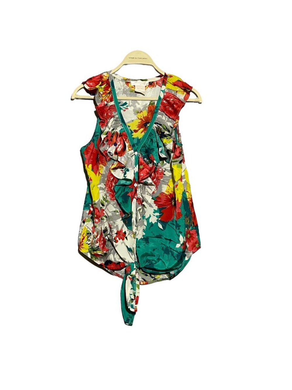 Miss Me Couture Blouse Women Size S Sleeveless Vneck Colorful Flower Ruffle Tied